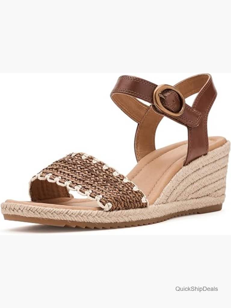 Leather Wedge Sandals With Ankle Strap & Buckle Closure